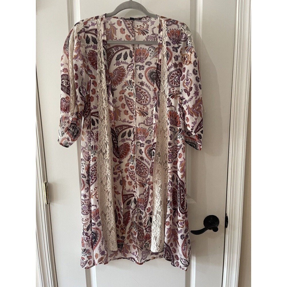 American Eagle Women’s Size XS Paisley Print Lace Trim Boho Kimono - Picture 1 of 9
